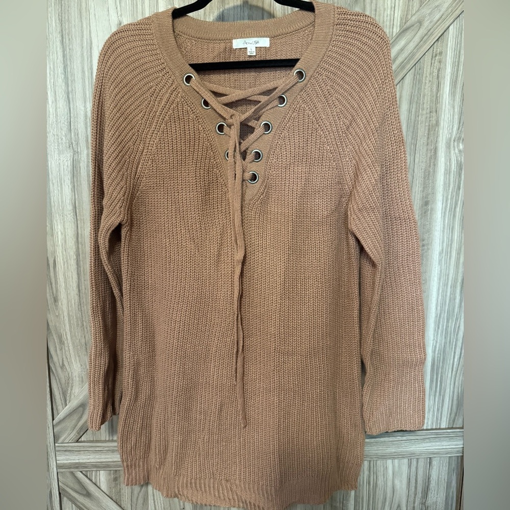 Active USA Women's V-Neck Lace-Up Sweater in Tan